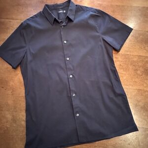 Vince Shirt Mens Black Large Button Down Short Sleeve Jacquard Adult Fitted